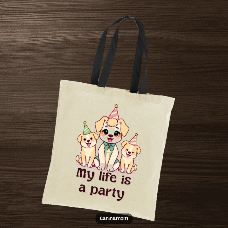 Funny kawaii dog lady character holding a tote bag featuring her dogs in party hats, a charming and humorous accessory.