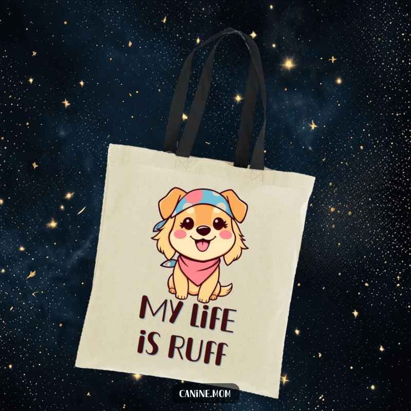 Funny Kawaii Dog Lady Tote Bag illustrated with a smiling character wearing a bandana, perfect for carrying dog essentials. Great funny gift.