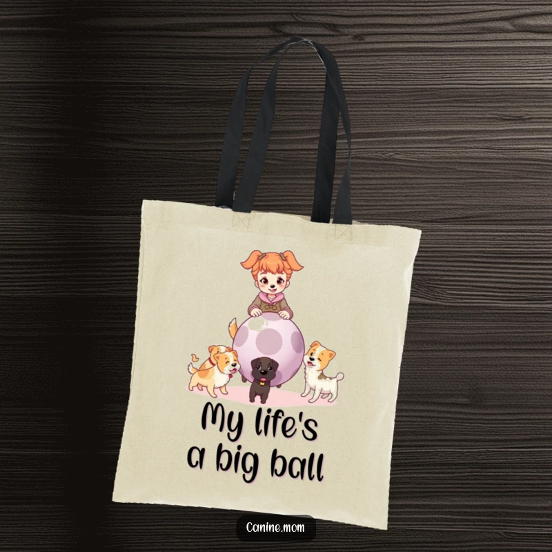 Funny tote bag with a dog lady holding a giant ball, surrounded by eager dogs, ready for a lively game of fetch.