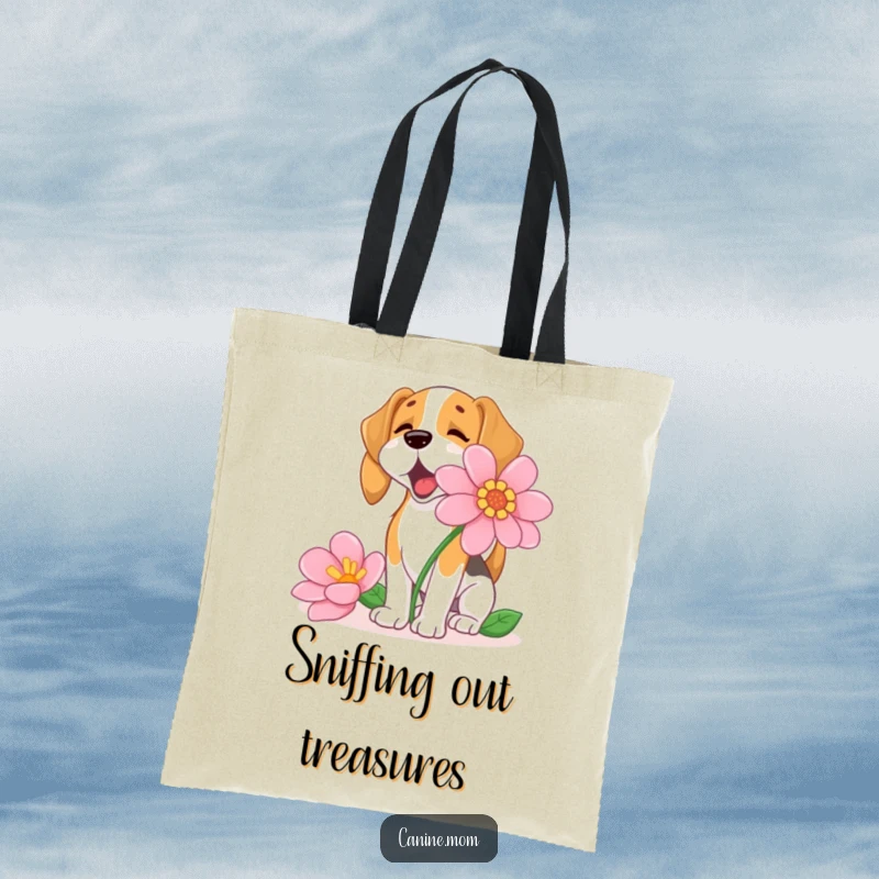 Funny Beagle Tote Bag, intently sniffing a large, vibrant flower, designed for carrying essentials with floral and dog-themed charm.